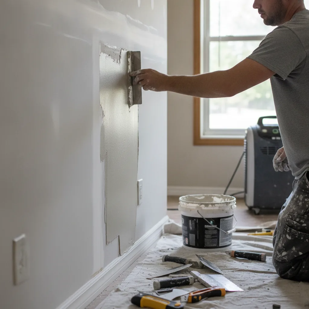 Drywall contractor using a taping knife to apply joint compound to a wall patch.